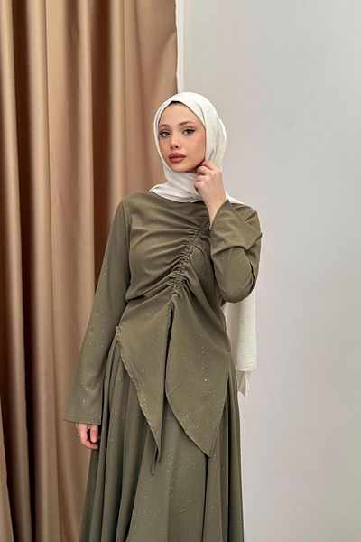 QUQA Glitter Gathered Suit - Khaki