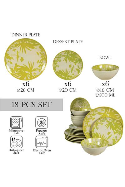 Cesiro 18-piece plate set, for 6 people, Hawaii, Cesiro, Ivory decorated with green-yellow leaves