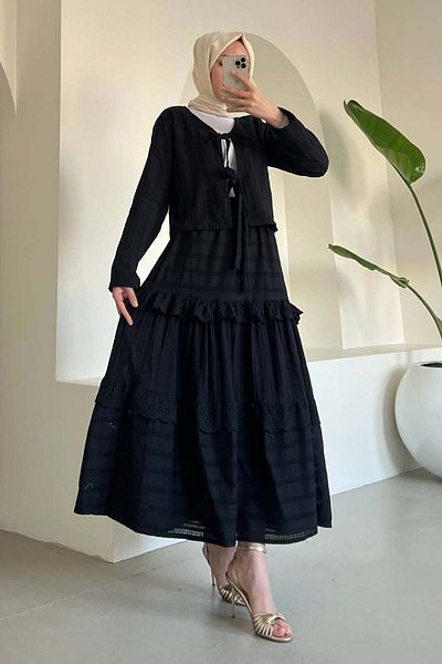 benguen Black Suit Embroidered Tied Skirt 3012