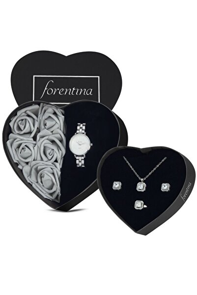 Forentina Gri Güllü Kutuda Gri Metal Kol Saati-Baget Kolye Küpe Yüzük Takı Se...