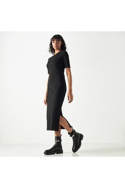 FAV Ribbed Midi Bodycon Dress with Short Sleeves and Slit