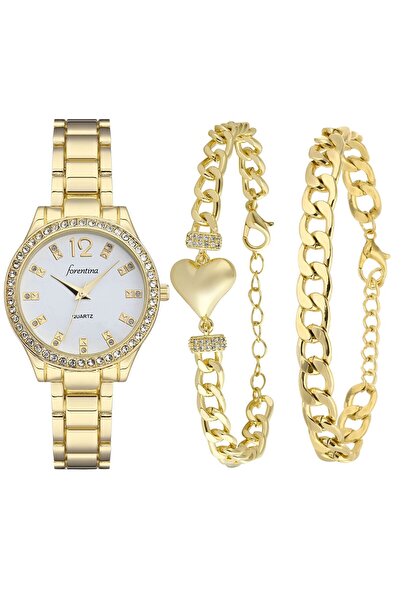 Forentina Gold Metal Kol Saati-2li Kalpli Bileklik Kombin Set PS4011