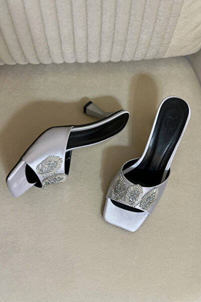 BZC AYAKKABI Satin Women's Slippers with Bead Stone Details