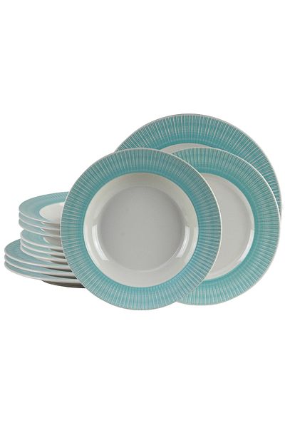 Cesiro 12-piece plate set, for 4 people, Ivory, Cesiro, White Ivoire with turquoise