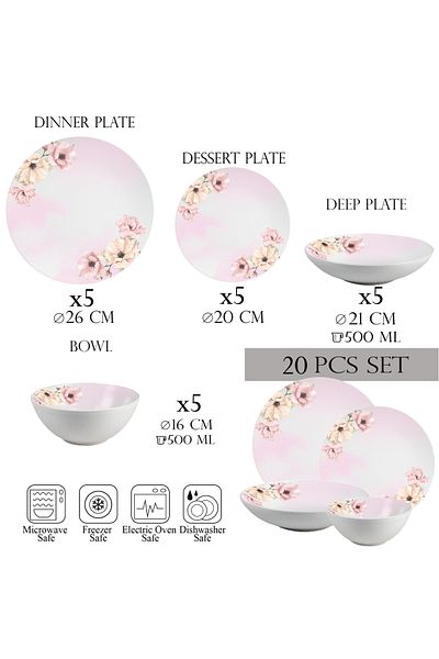 Cesiro 20-piece plate set, 5 people - Insieme Fiori Rosa - Italian Porcelain Dinnerware Set