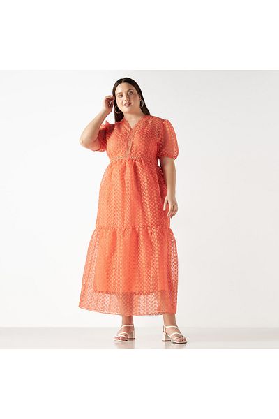 FAV Floral Textured Tiered Maxi Dress with Puff Sleeves