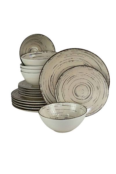 Cesiro 18-piece plate set, for 6 people, Stone, Cesiro, Ivory White with black lines