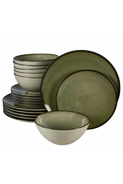Cesiro 18-piece plate set, for 6 people, Earth Green, Cesiro, Glossy Ivoire White with Green