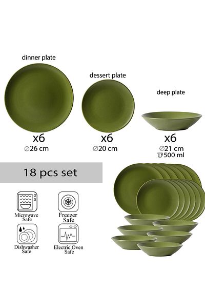 Cesiro 18-piece plate set, for 6 people, Olive Green, Cesiro, Matte Olive Green