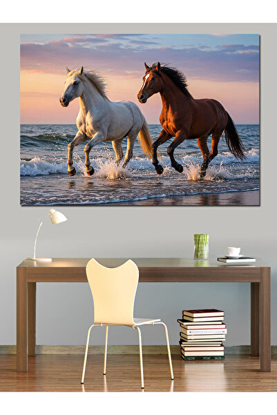 Tablo Mega Kumsalda Koşan Atlar Dekoratif Kanvas - Mdf Ahşap Tablo
