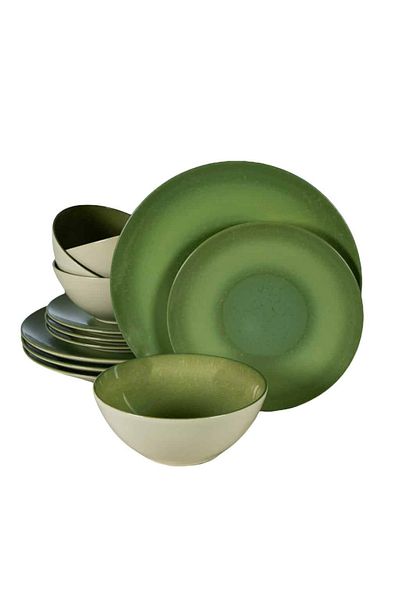 Cesiro 12-piece plate set, for 4 people, Kiwi, Cesiro, Glossy Ivoire White with Green