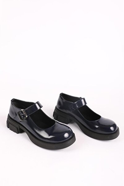 Hayati Arman Women's Single Strap Thick Soled Ballerinas Navy Blue Patent Leather