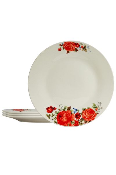 Cesiro Set of 4 wide plates 23 cm, for 4 people, Ivoire with red rose