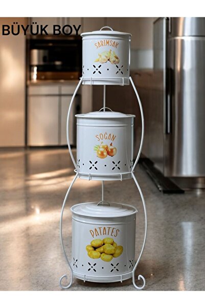 metalshop 3 Katlı Büyük Boy Metal Patates Soğan Kovası - Sebzelik - Patates Soğanlık Sepeti BEYAZ