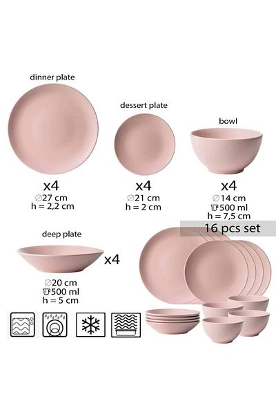 Cesiro 16-piece plate set, for 4 people, Pastel Pink, Cesiro, Matte Pink