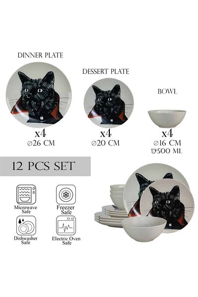Cesiro 12-piece plate set, for 4 people, Dracula Cat, Cesiro, Ivory White with Cat