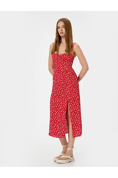 Koton New Season Midi Floral Dress Thin Strap Front Slit Detail Viscose Fabric Heart