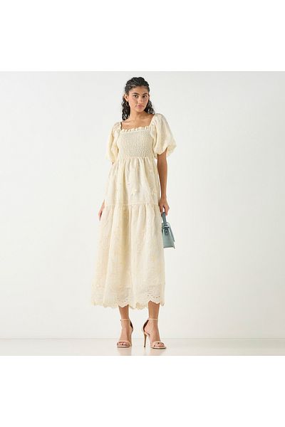FAV Schiffli Textured Midi Dress with Shirring Detail and Short Puff Sleeves