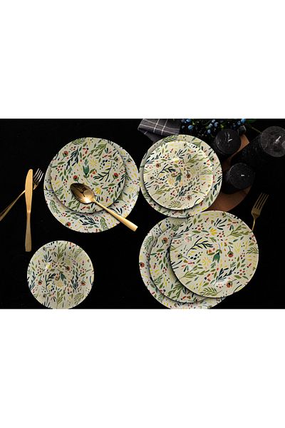 Cesiro 12-piece plate set, for 4 people, Vintage, Cesiro, White flower decoration