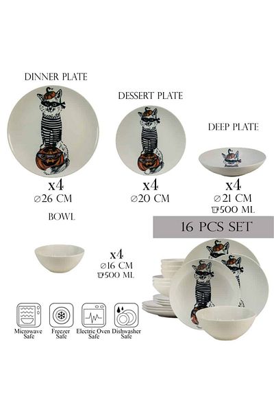 Cesiro 16-piece plate set, for 4 people, Robber Cat, Cesiro, Ivoire with Cat