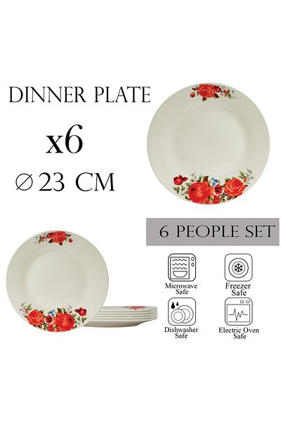 Cesiro Set of 6 dinner plates 23 cm, for 6 people, Ivoire with red rose