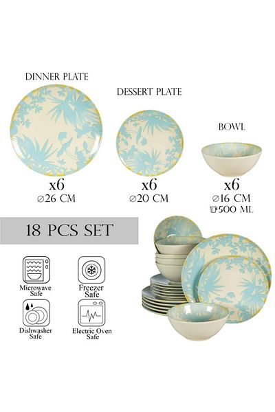 Cesiro 18-piece plate set, for 6 people, Hawaii, Cesiro, Ivory decorated with light blue leaves