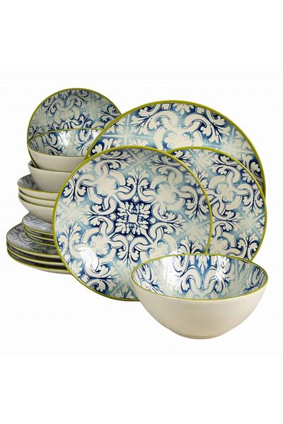 Cesiro 16-piece plate set, for 4 people, Marocco, Cesiro, Ivory white with blue