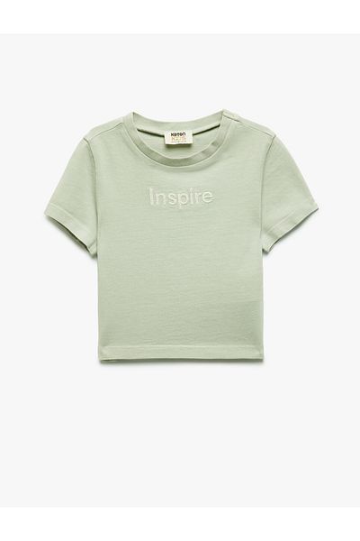 Koton Tricou crop din bumbac cu mânecă scurtă, cu decolteu, cu broderie