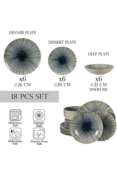Cesiro 18-piece plate set, for 6 people, MoonLight, Cesiro, Ivory White with blue lines