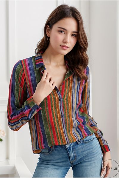 Cassime Women's Colorful Stripe Patterned Long Back Viscose Shirt