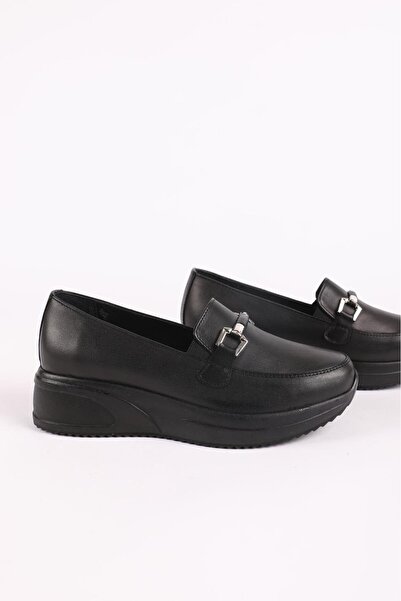 Hayati Arman Women's Genuine Leather Buckle Detailed Comfort Shoes Black