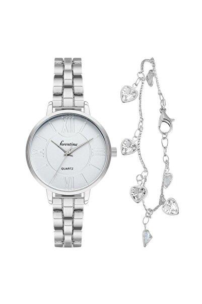 Forentina Gri Metal Kol Saati-Beyaz Taşlı Kalpli Bileklik Kombin Set PS4031