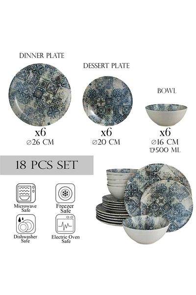 Cesiro 18-piece plate set, for 6 people, Blue Tiles, Cesiro, Ivory/Blue