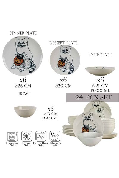 Cesiro 24-piece plate set, for 6 people, Pumpkin Cat, esiro, Ivoire with Cat