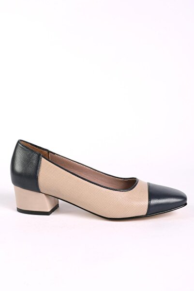 Hayati Arman Women's Genuine Leather Heeled Ballerinas Beige - Blue