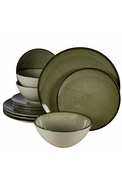 Cesiro 12-piece plate set, for 4 people, Earth Green, Cesiro, Glossy Ivoire White with Green