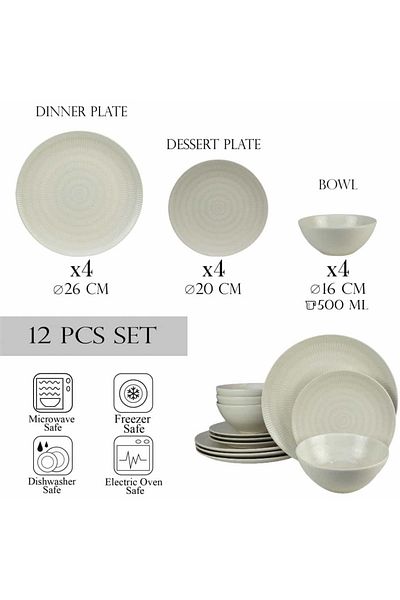 Cesiro 12-piece plate set, for 4 people, Ivory, Cesiro, White Ivoire with lines