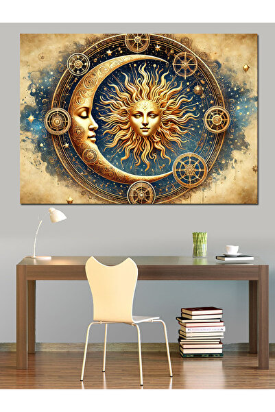 Tablo Mega Altın Güneş Astrolojik Desen Dekoratif Kanvas - Mdf Ahşap Tablo