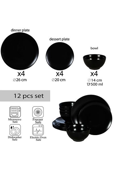 Cesiro 12-piece plate set, for 4 people, Abyss, Cesiro, Glossy Abyss Black