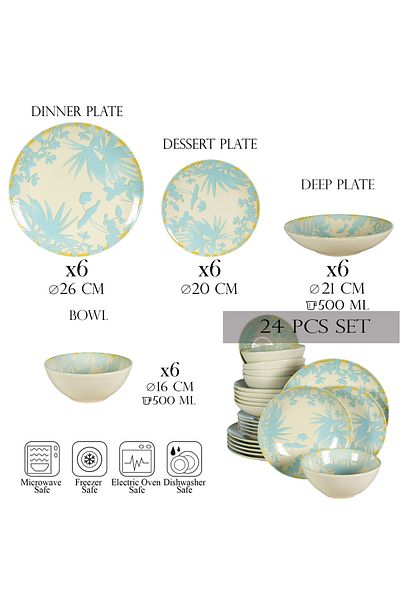 Cesiro 24-piece plate set, for 6 people, Hawaii, Cesiro, Ivory white with light blue leaves