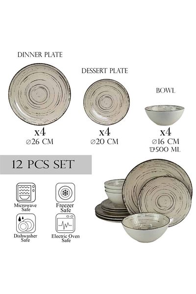 Cesiro 12-piece plate set, for 4 people, Stone, Cesiro, Ivory White with black lines