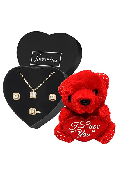 Forentina Altın Kaplama Baget Kolye Küpe Yüzük-Kırmızı Ayıcık Hediye Set PS3946