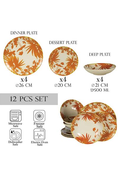 Cesiro 12-piece plate set, for 4 people, Cesiro, Ivory White with orange leaves