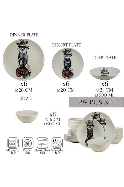 Cesiro 24-piece plate set, for 6 people, Robber Cat, Cesiro, Ivoire with Cat