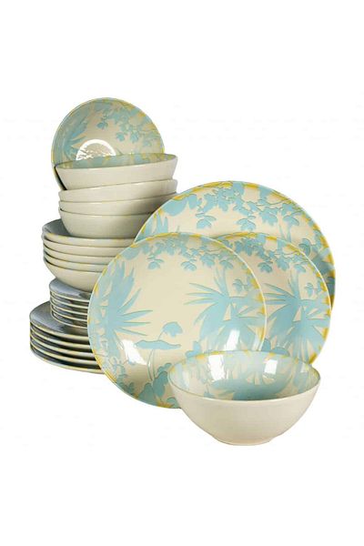 Cesiro 24-piece plate set, for 6 people, Hawaii, Cesiro, Ivory white with light blue leaves