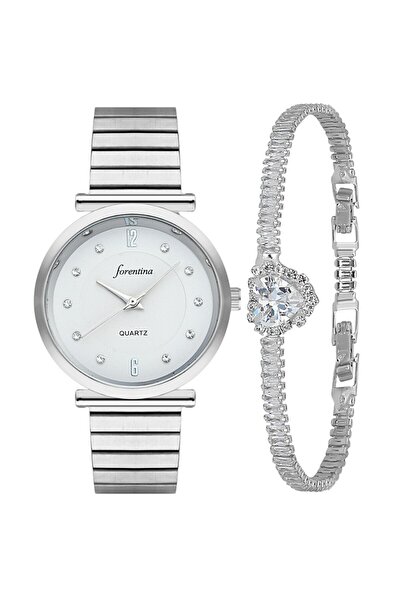 Forentina Gri Metal Kol Saati-Beyaz Taşlı Kalpli Baget Bileklik Kombin Set PS...