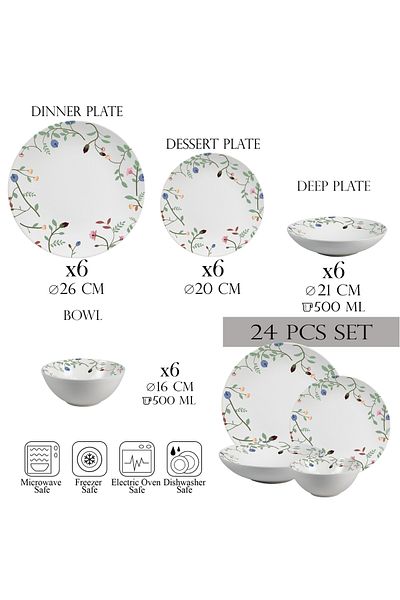 Cesiro 24-piece plate set, 6 people - Insieme Fiori Eleganti - Italian Porcelain Dinnerware Set