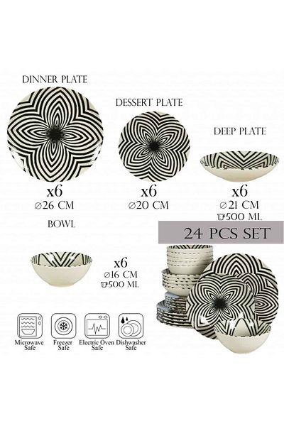 Cesiro 24-piece plate set, for 64 people, Hypnosis, Cesiro, Ivory White with black lines