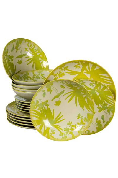 Cesiro 18-piece plate set, for 6 people, Hawaii, Cesiro, Ivory white with yellow-green leaves