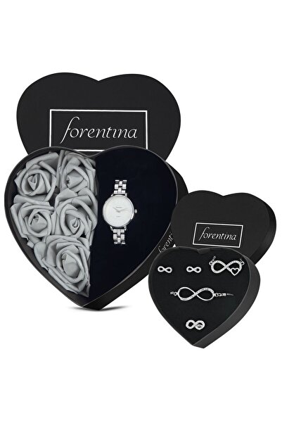 Forentina Gri Güllü Kutuda Gri Metal Kol Saati-Sonsuzluk Kolye Küpe Bileklik ...